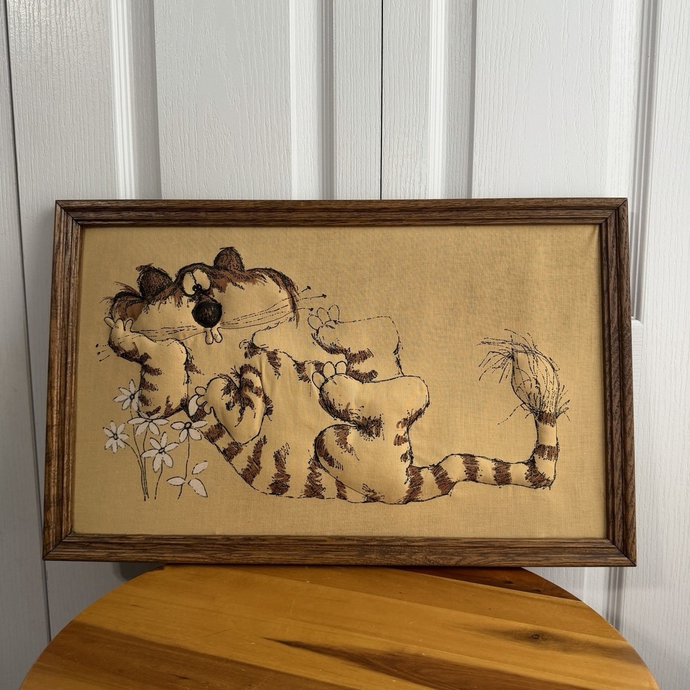 Vintage Handmade 3D Tabby Cat Tiger Big Cat Framed Artwork MCM Whimsical